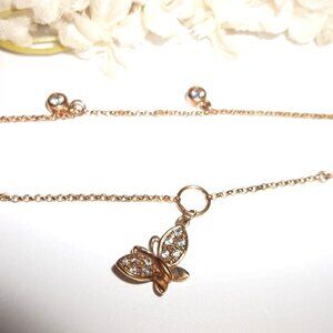 Gold Butterfly Ankle Bracelet Adjustable Marked 925 Faux White Diamond Girl D023